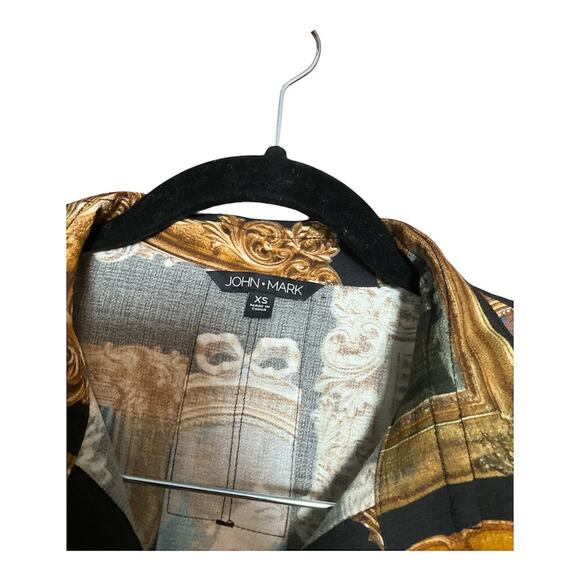 John Mark Printed Wire Collar Cinch Tie Sleeve Button Front Top XS NWOT - Picture 3 of 4